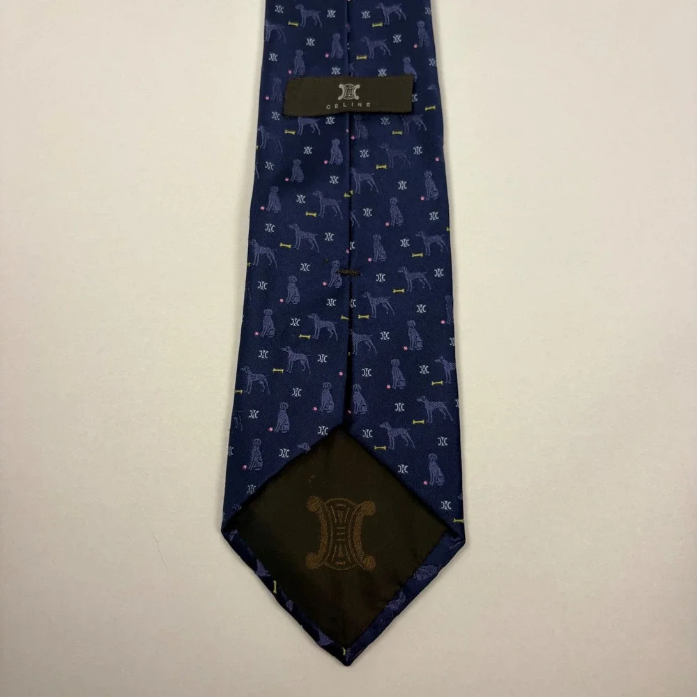 Celine Paris Mens Silk Tie Navy Blue Dog Bone Macadam Triomphe Logo Italy